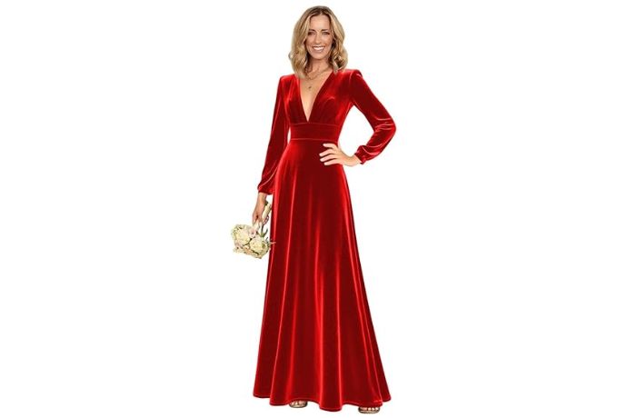 PUXIU Long Sleeve Velvet Bridesmaid Dresses V Neck