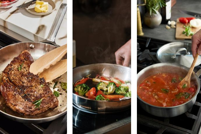 Use Stainless Steel pan Cookware searing meats or sautéing vegetables